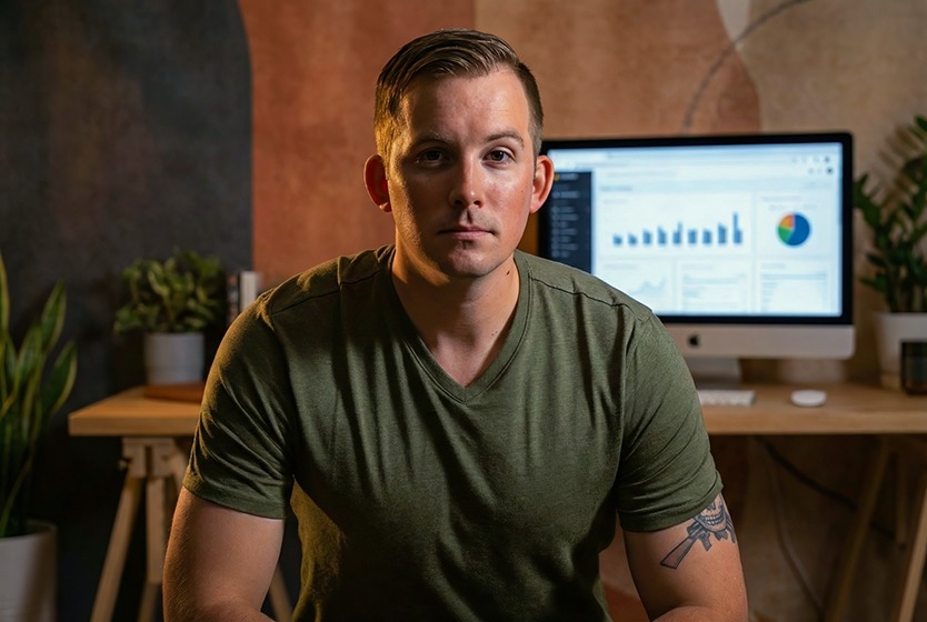 Chris Cooley at his desk in Gainesville, Virginia — analytics dashboards on the screen behind him.