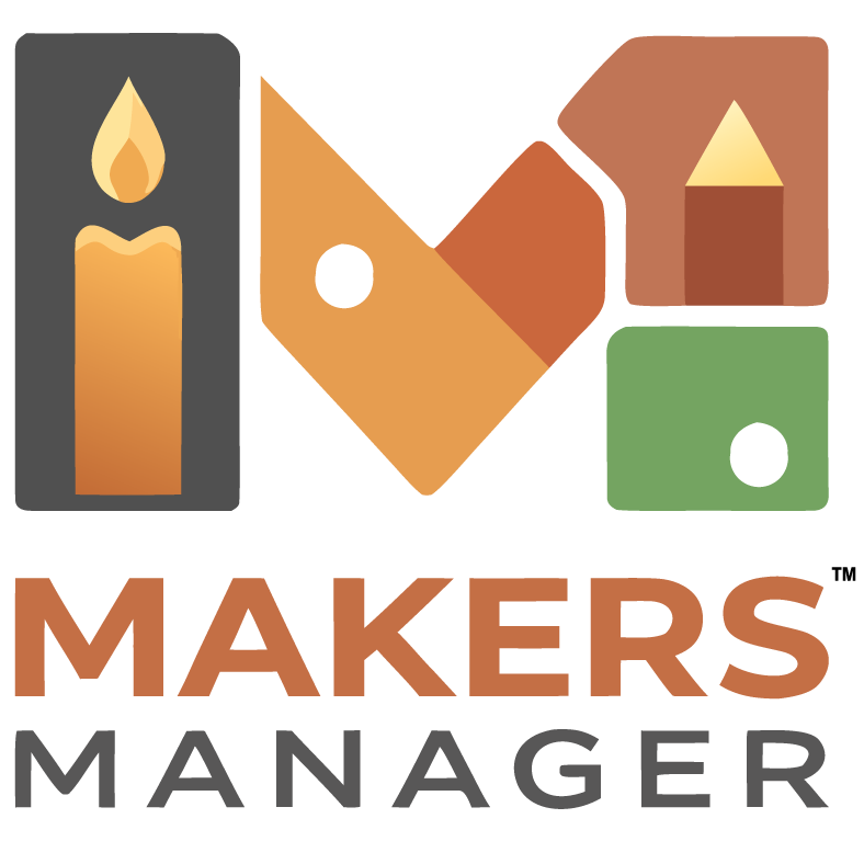 Makers Manager logo — a candle, tag, pencil, and badge forming an M.